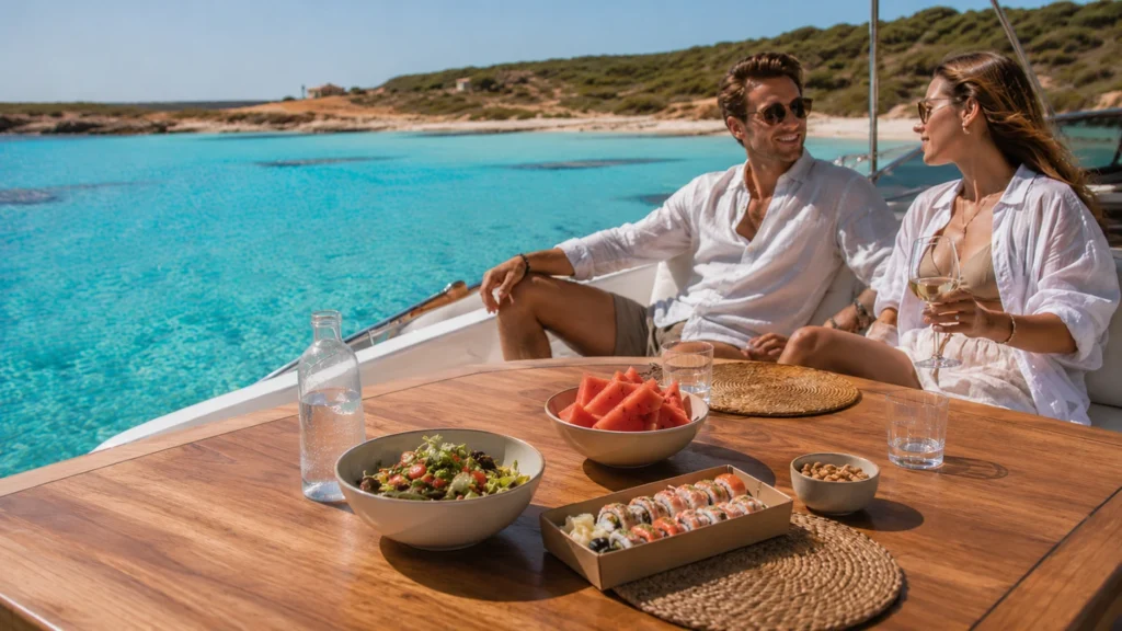 Ibiza food experience on a boat with Mediterranean dishes, drinks, and sea views.