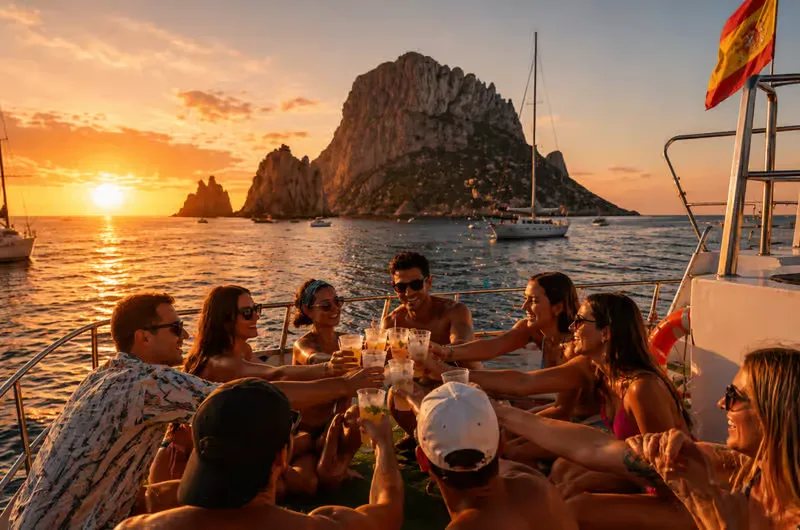 Ibiza sunset boat party with friends, drinks, and Es Vedrà rock view.